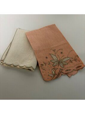 Embroidered Linen Tea Towels Peach Cream Scalloped Edges Butterfly Vintage Set 2